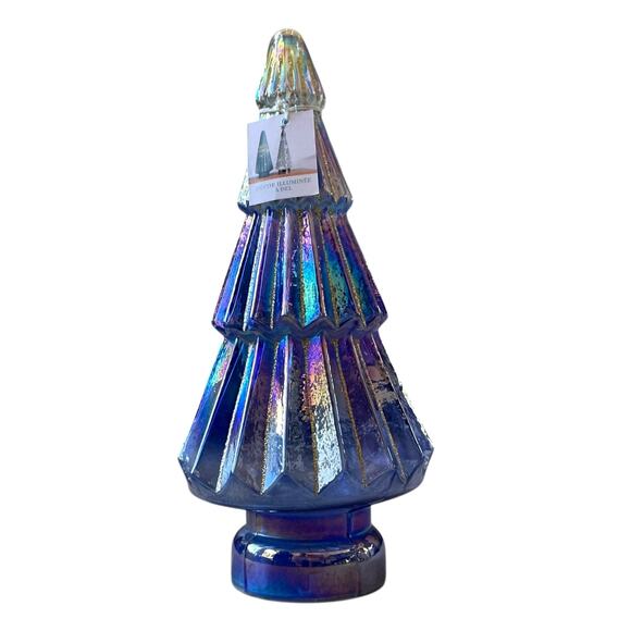 Illuminated Glass Christmas Tree 13.25in Blue & Gold Chic LED Holiday Decor New - Picture 6 of 15